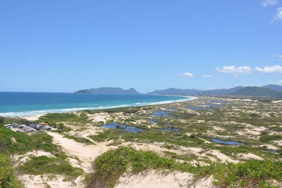 Dunas com pequenas lagoas e a orla da Praia da Joaquina ao fundo, sob céu azul, em Florianópolis (SC)