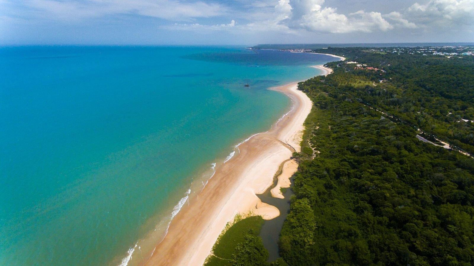 Vista aérea da Praia de Mundaí com mar azul-turquesa, faixa de areia e mata nativa em Porto Seguro (BA)